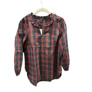 NWT Talbot Plaid Ruffle Collar Top Petite Medium PM Red Green Silver Sparkle